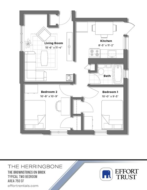 A floor plan of a two bedroom apartment with a living room, kitchen, and bathroom.